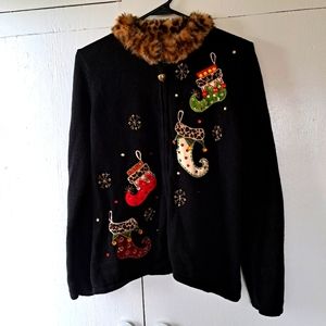 Tiara Int'l Christmas Collection Zip-Up Leopard Faux Fur Collar Sweater SZ M